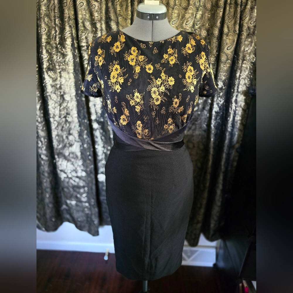 Tatyana Black Pencil Skirt with Gold Floral Top